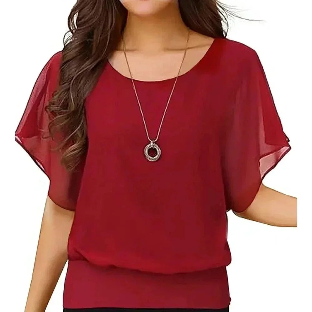 Chiffon Casual Tops for Women Ruffle Short Sleeve T Shirt Loose Blouse Top - Picture 1 of 4